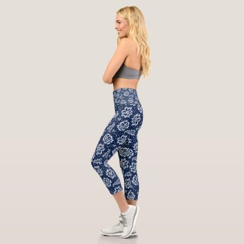 Blue And White Chintz Floral Pattern Capri Leggings by VillageDesign at Zazzle