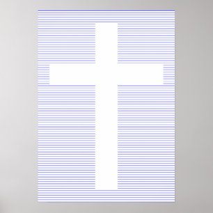 Blue and White Christian Cross Minimalist Line Art Poster