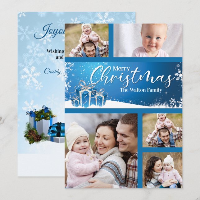 Blue and White Christmas 5 Photos Holiday Card (Front/Back)
