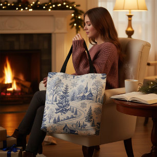 Blue and White Christmas Church Winter Scene Toile Tote Bag