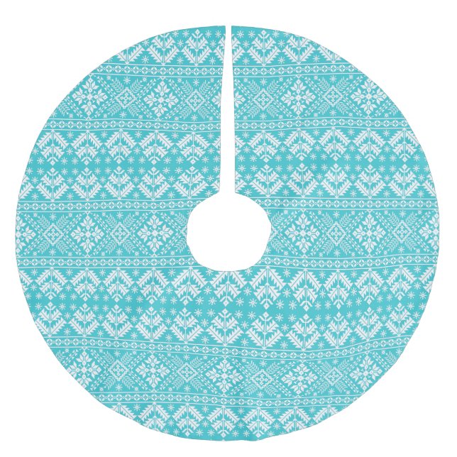 Blue and White Christmas Fair Isle Pattern Brushed Polyester Tree Skirt (Front)