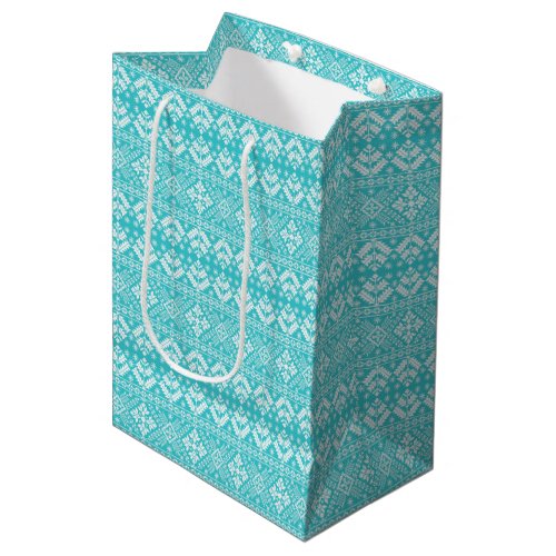Blue and White Christmas Fair Isle Pattern Medium Gift Bag