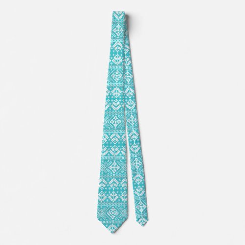 Blue and White Christmas Fair Isle Pattern Neck Tie