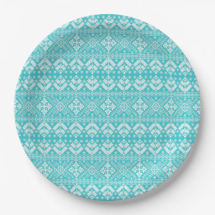 Blue and White Christmas Fair Isle Pattern Paper Plates