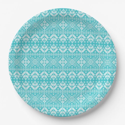 Blue and White Christmas Fair Isle Pattern Paper Plates