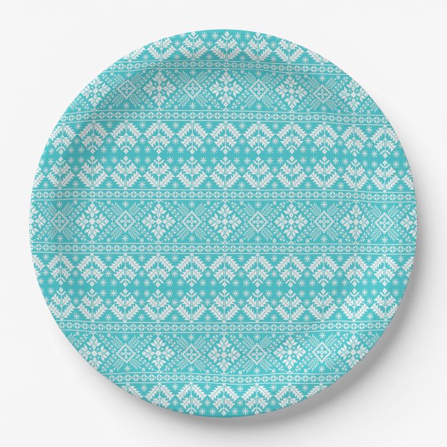 Blue and White Christmas Fair Isle Pattern Paper Plates (Front)