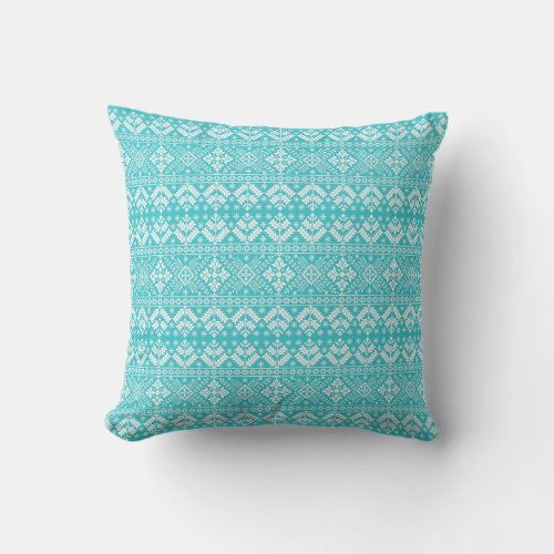 Blue and White Christmas Fair Isle Pattern Throw Pillow