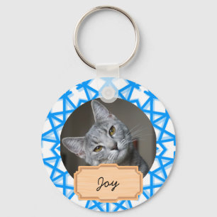 Blue and White christmas holiday Custom cat Photo  Keychain