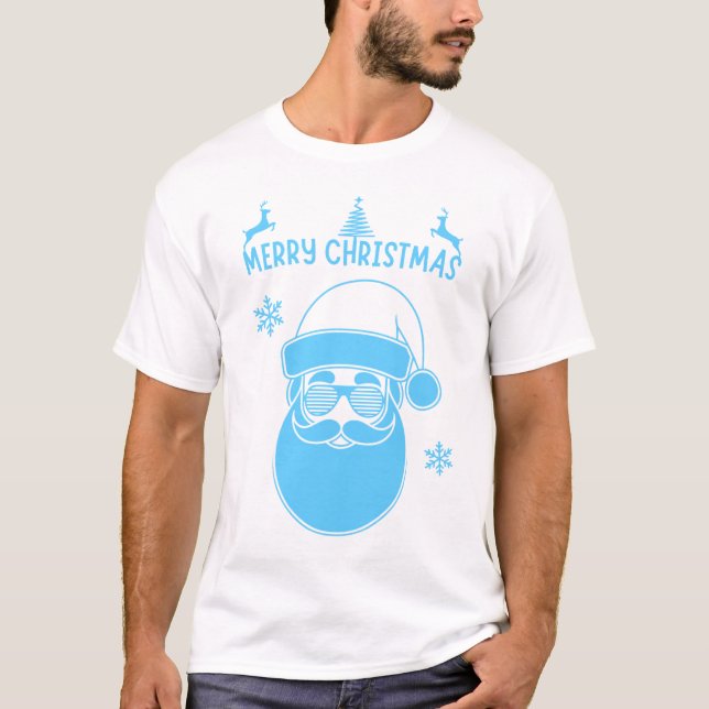 Blue and White Christmas Merry Christmas T-Shirt (Front)