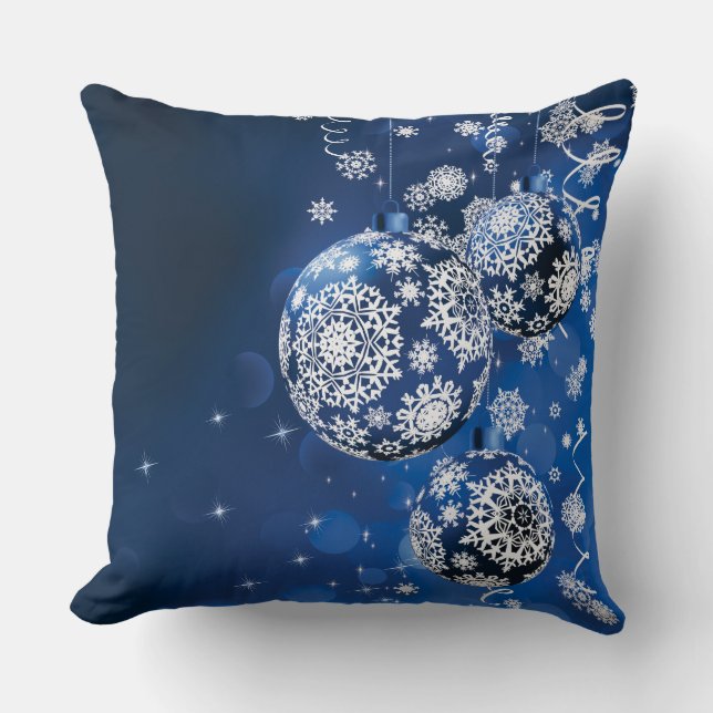 Blue and White Christmas Ornament & Snowflakes Throw Pillow (Front)
