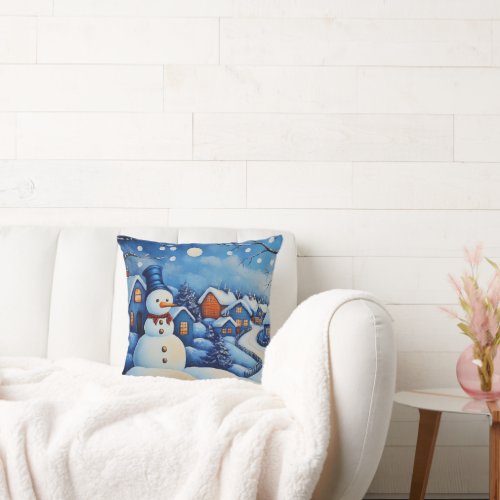 Blue and White Christmas Snowman Landscape Pillow