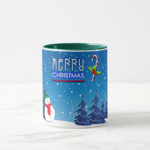 Blue and White Christmas Snowman Winter Scene Mug