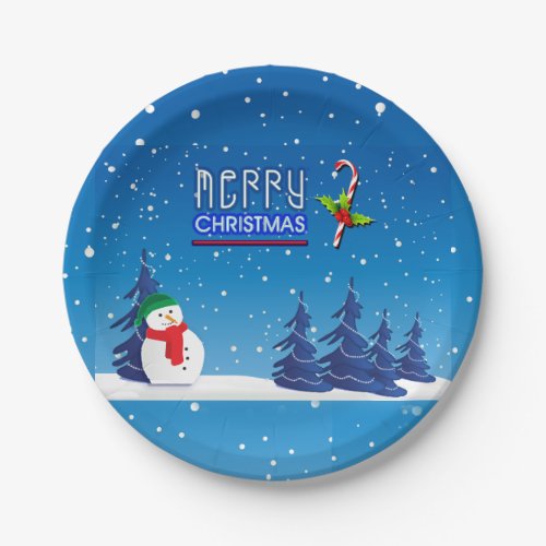 Blue and White Christmas Snowman Winter Scene Paper Plates