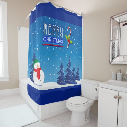 Blue and White Christmas Snowman Winter Scene Shower Curtain
