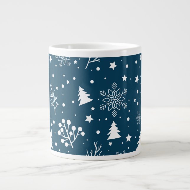 Blue and White Christmas Trees, Snowflakes Holiday Giant Coffee Mug (Front)