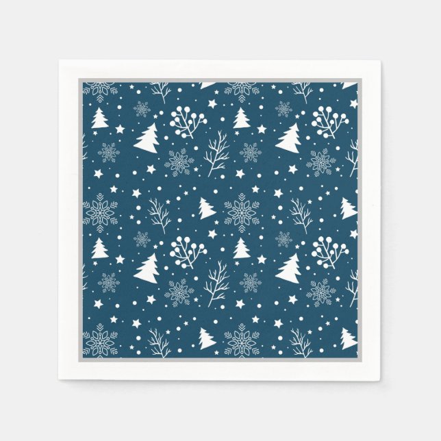 Blue and White Christmas Trees, Snowflakes Holiday Napkins (Front)