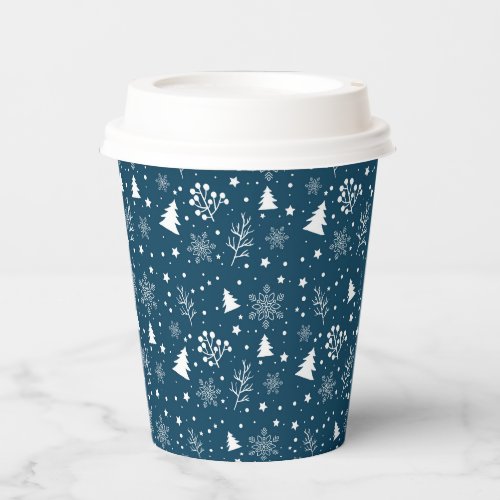 Blue and White Christmas Trees Snowflakes Holiday Paper Cups