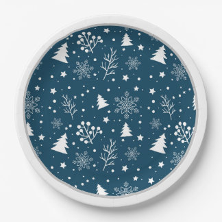 Blue and White Christmas Trees, Snowflakes Paper Plates