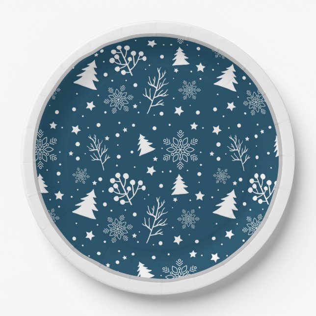 Blue and White Christmas Trees, Snowflakes Paper Plates (Front)