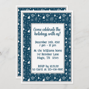 Blue and White Christmas Trees, Snowflakes Party Invitation