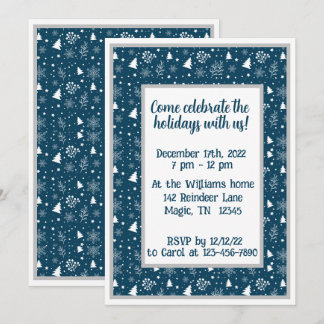 Blue and White Christmas Trees, Snowflakes Party Invitation