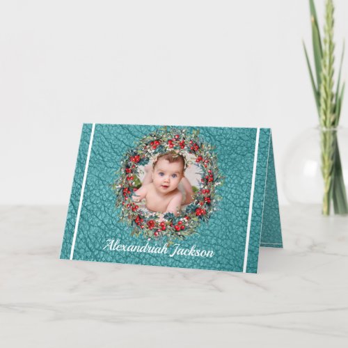 Blue and White Christmas your photo Faux Leather Holiday Card