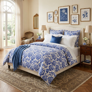 Blue and White Chrysanthemum French Country Decor Duvet Cover