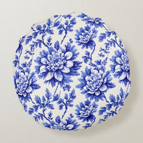 Blue and White Chrysanthemum French Country Decor Round Pillow