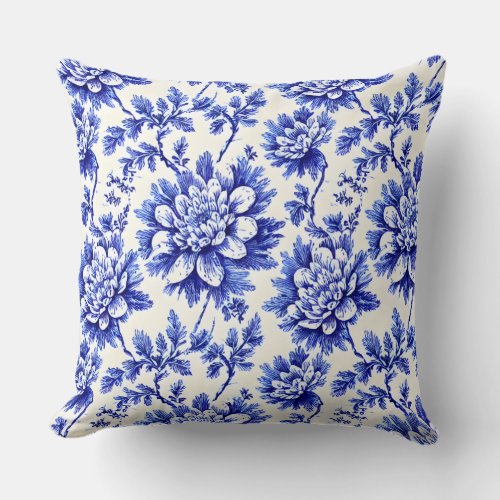 Blue and White Chrysanthemum French Country Decor Throw Pillow