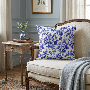 Blue and White Chrysanthemum French Country Decor Throw Pillow