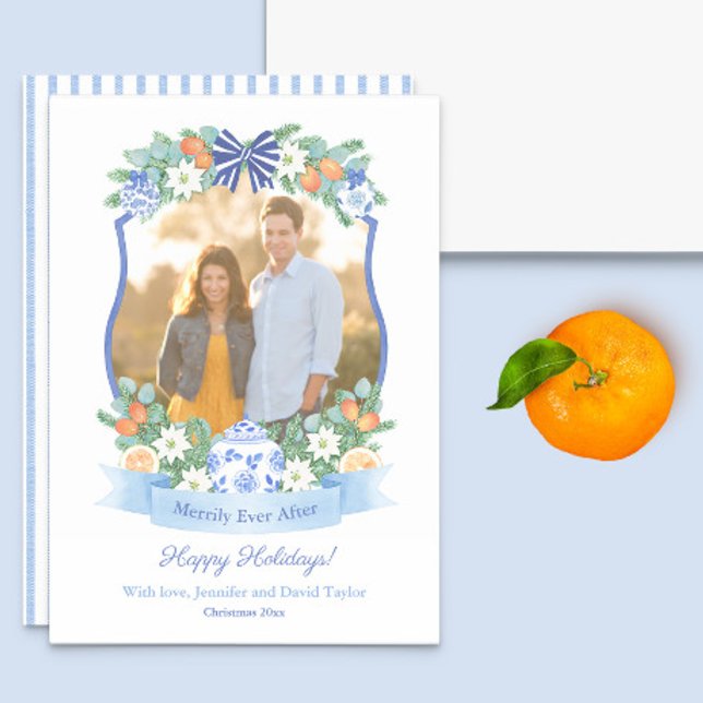 Blue And White Citrus Our First Christmas Picture Holiday Card (This Holidays photocard features a blue and white crest with watercolor greenery and citrus motifs)