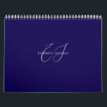 blue and white classic minimalist name customized calendar<br><div class="desc">the design shows a customizable name along with a customizable name monogram in classic white calligraphy and typography with navy blue background.</div>