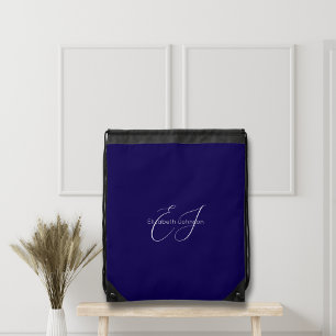 blue and white classic minimalist name customized drawstring bag