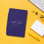 blue and white classic minimalist name customized iPad mini cover<br><div class="desc">the design shows a customizable name along with customizable name monogram in white classic calligraphy and typography with navy blue background.</div>
