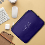 blue and white classic minimalist name customized laptop sleeve<br><div class="desc">the design shows a customizable name along with customizable name monogram in white classic calligraphy and typography with navy blue background.</div>
