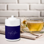 blue and white classic minimalist name customized teapot<br><div class="desc">the design shows a customizable name along with a customizable name monogram in classic white calligraphy and typography with navy blue background.</div>