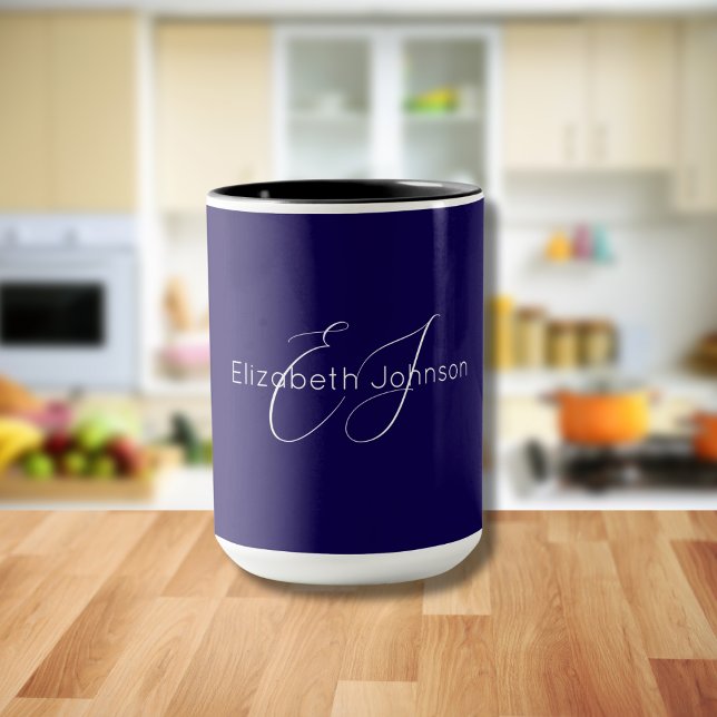 blue and white classic minimalist name monogram mug (Creator Uploaded)