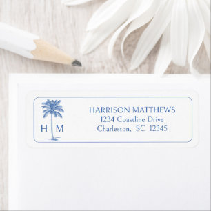 Blue and White Coastal Palmetto Palm Monogram Label