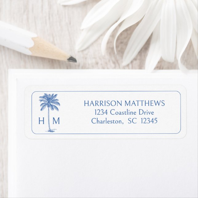 Blue and White Coastal Palmetto Palm Monogram Label (Insitu)