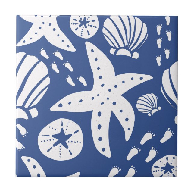 Blue and White Coastal Seashell Ceramic Tile (Front)