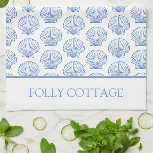 Blue and White Coastal Seashell Personalized Kitchen Towel