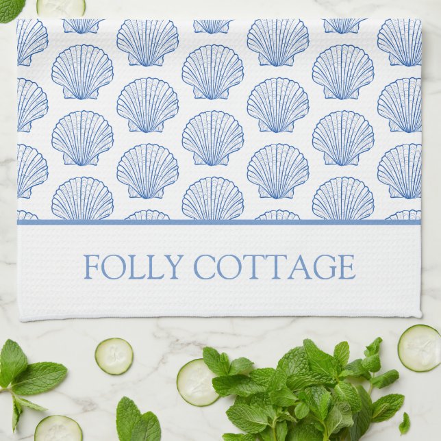 Blue and White Coastal Seashell Personalized Kitchen Towel (Folded)