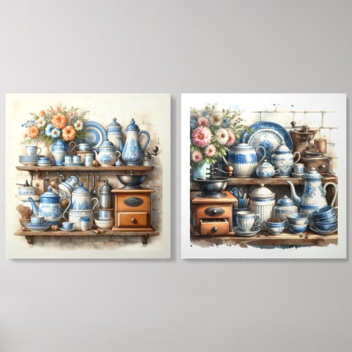 Blue and White Coffee Set on Shelf Photo Tile