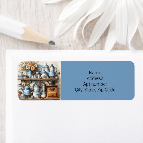 Blue and White Coffee Set Return Address Label