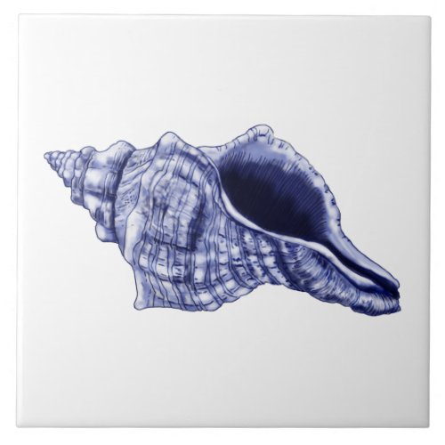 Blue and white conch shell ceramic tile