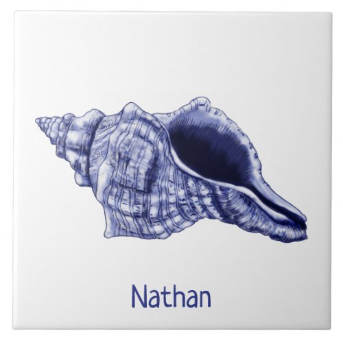 Blue and white conch shell with name ceramic tile