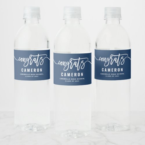 Blue and White Congrats Calligraphy Graduation Water Bottle Label