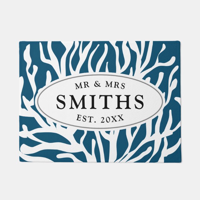Blue and white coral reef small custom welcome doormat (Front)