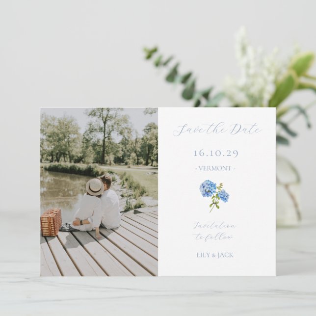 Blue and White Couple Photo Floral Hydrangea Save The Date (Standing Front)