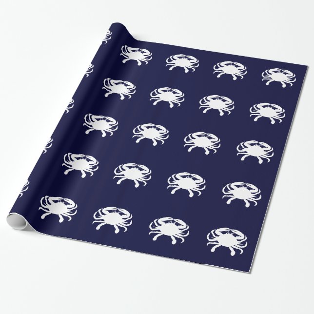 Blue and White Crab Shape Wrapping Paper (Unrolled)